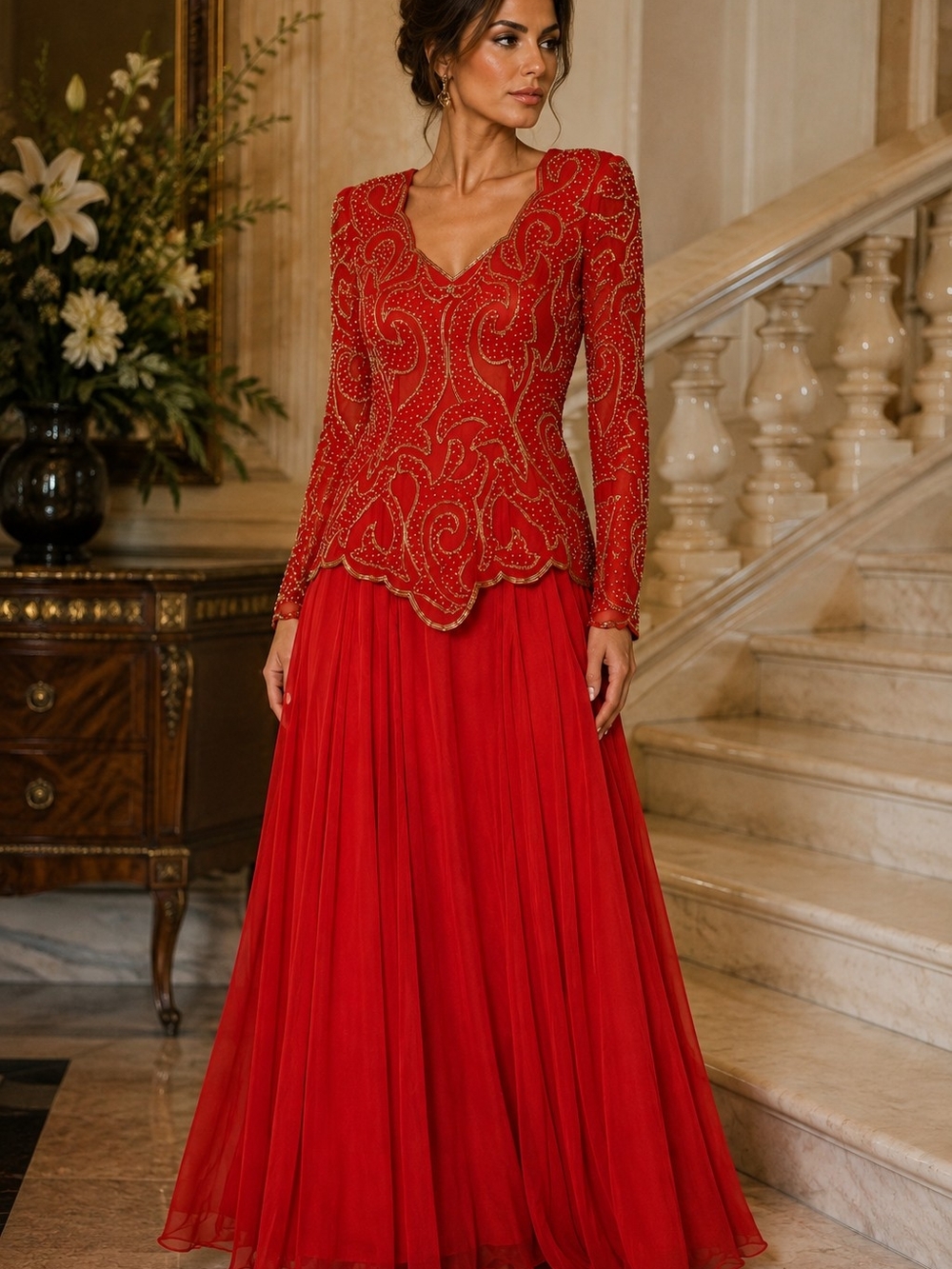 VEELAM Vintage 100% Silk Red Gold Beaded Sequin Evening Dress Size M Deadstock